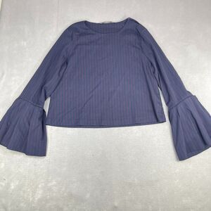 ZARA Trafaluc Womens Blue Red Pinstripe Blouse Flutter Long Sleeve Sz L